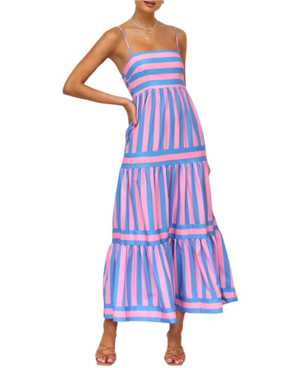 Solene - Striped, tiered maxi dress with fitted bodice and thin straps