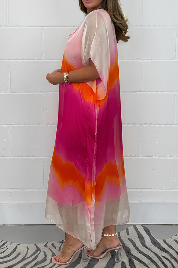 Long Silk Chiffon Maxi Dip Dye Dress