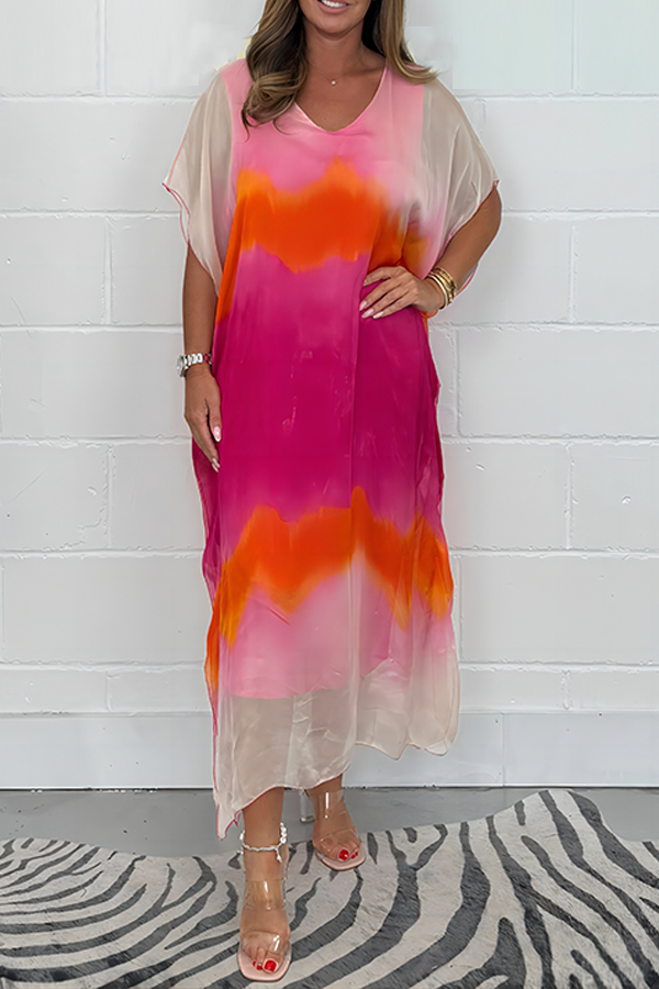 Long Silk Chiffon Maxi Dip Dye Dress