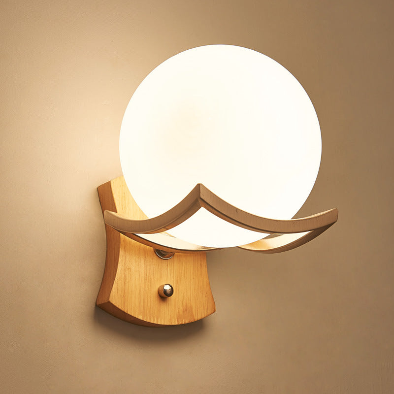 Lunawood - Round Opal Glass Wall Lamp with Minimalist Wooden Frame