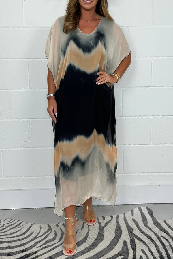 Long Silk Chiffon Maxi Dip Dye Dress