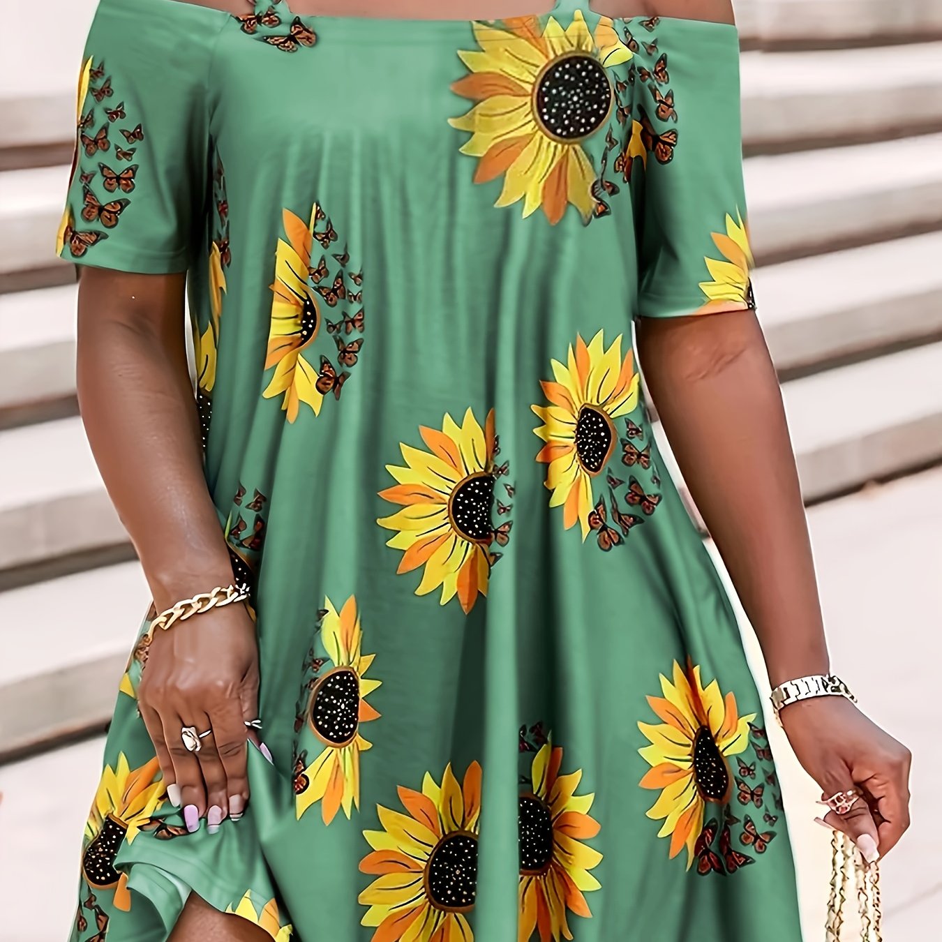 Stylish Sunflower Print Cold Shoulder Dress