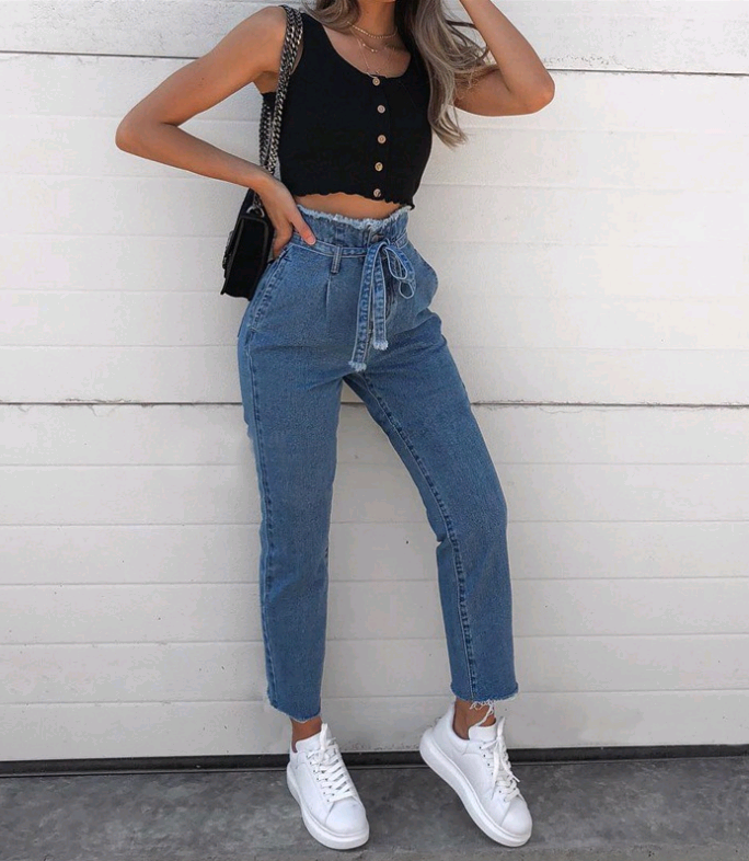 Julia | High-Waisted Jeans with Front Ribbon Belt Detail