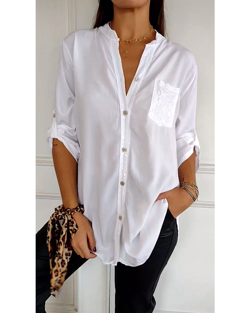 Lily Sequin Pocket Button-Up Blouse