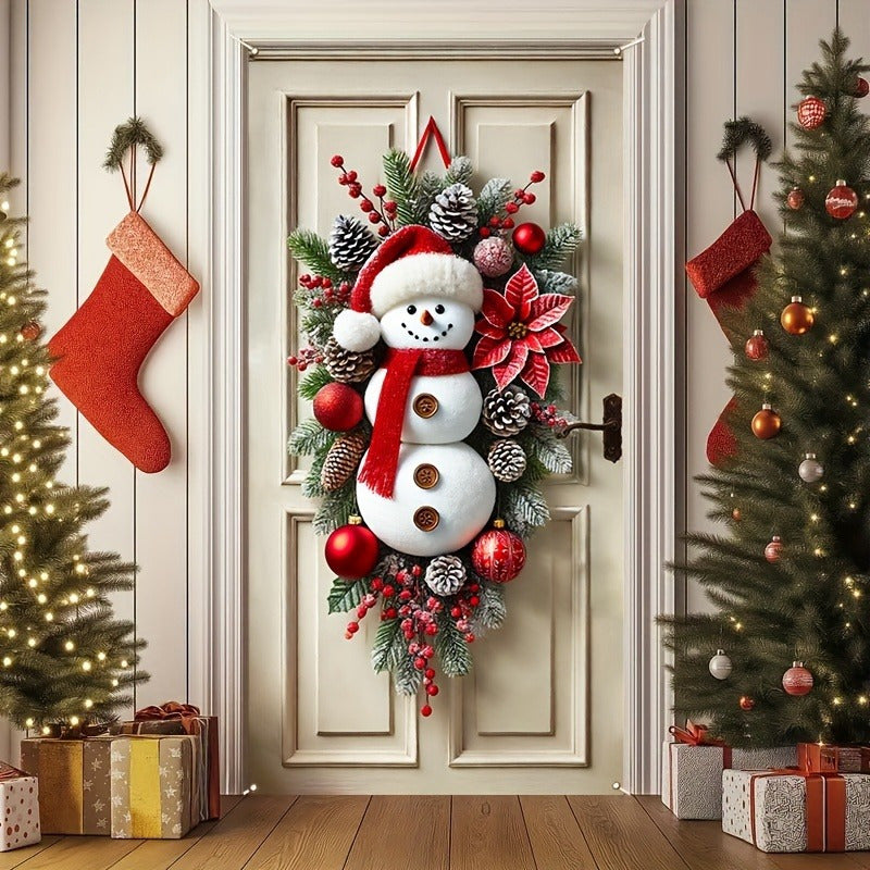 Festive Polyester Snowman Wreath – Whimsical Holiday Door Decor