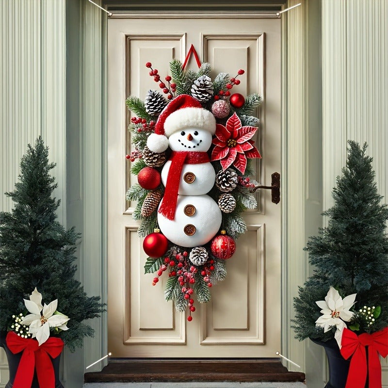 Festive Polyester Snowman Wreath – Whimsical Holiday Door Decor