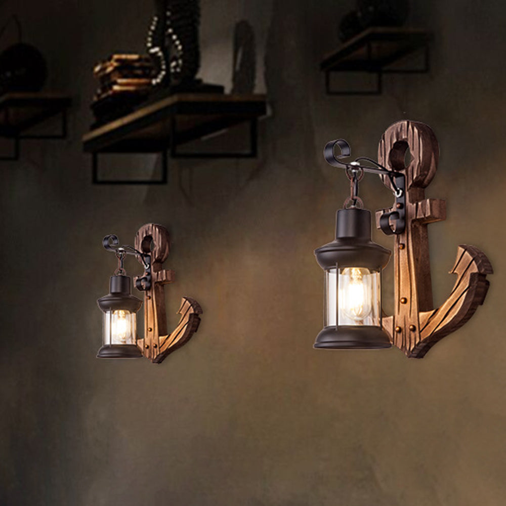 Rustic Wooden Anchor Wall Light with Lantern