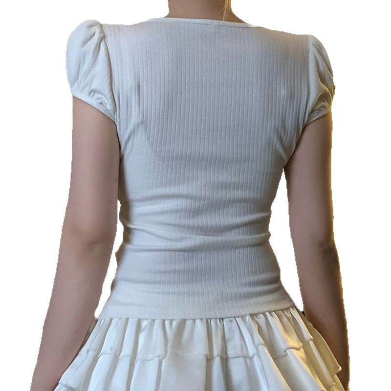 PuffMeow Puff-Sleeve Cat Print Top with Bow Detail