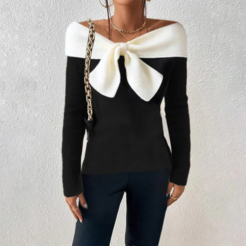 Vera – Elegant V-Neck Top with Long Sleeves and Bow Detail