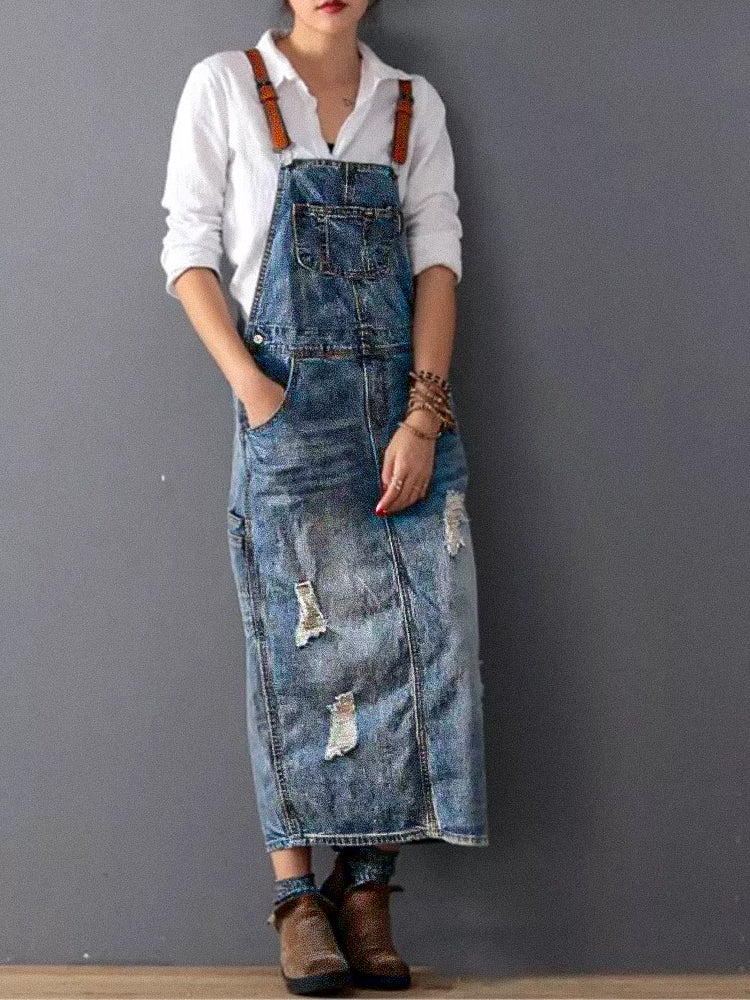 Sofia Denim | Overall dress with back slit and worn denim look