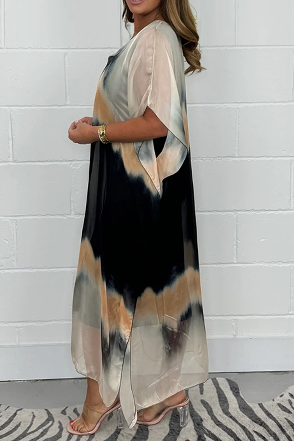 Long Silk Chiffon Maxi Dip Dye Dress