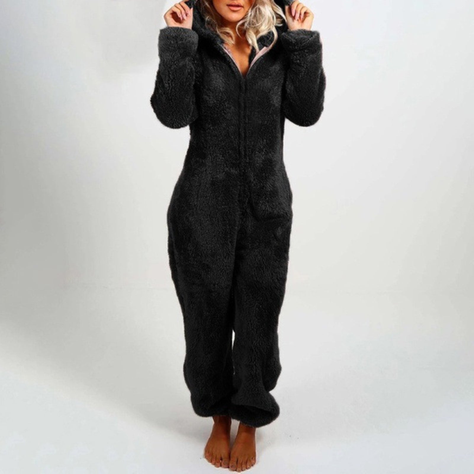 Hannah - Warm long-sleeved fleece pajamas with hood