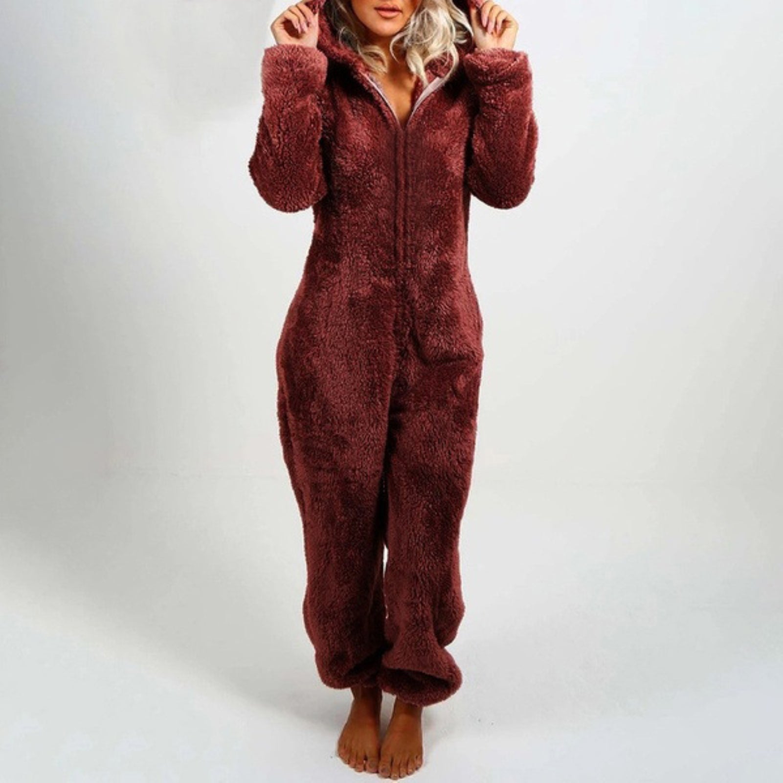 Hannah - Warm long-sleeved fleece pajamas with hood