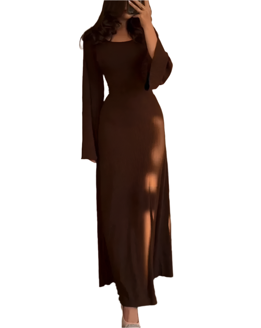 Leslie - Stretch Ribbed Maxi Dress with Bell Sleeves