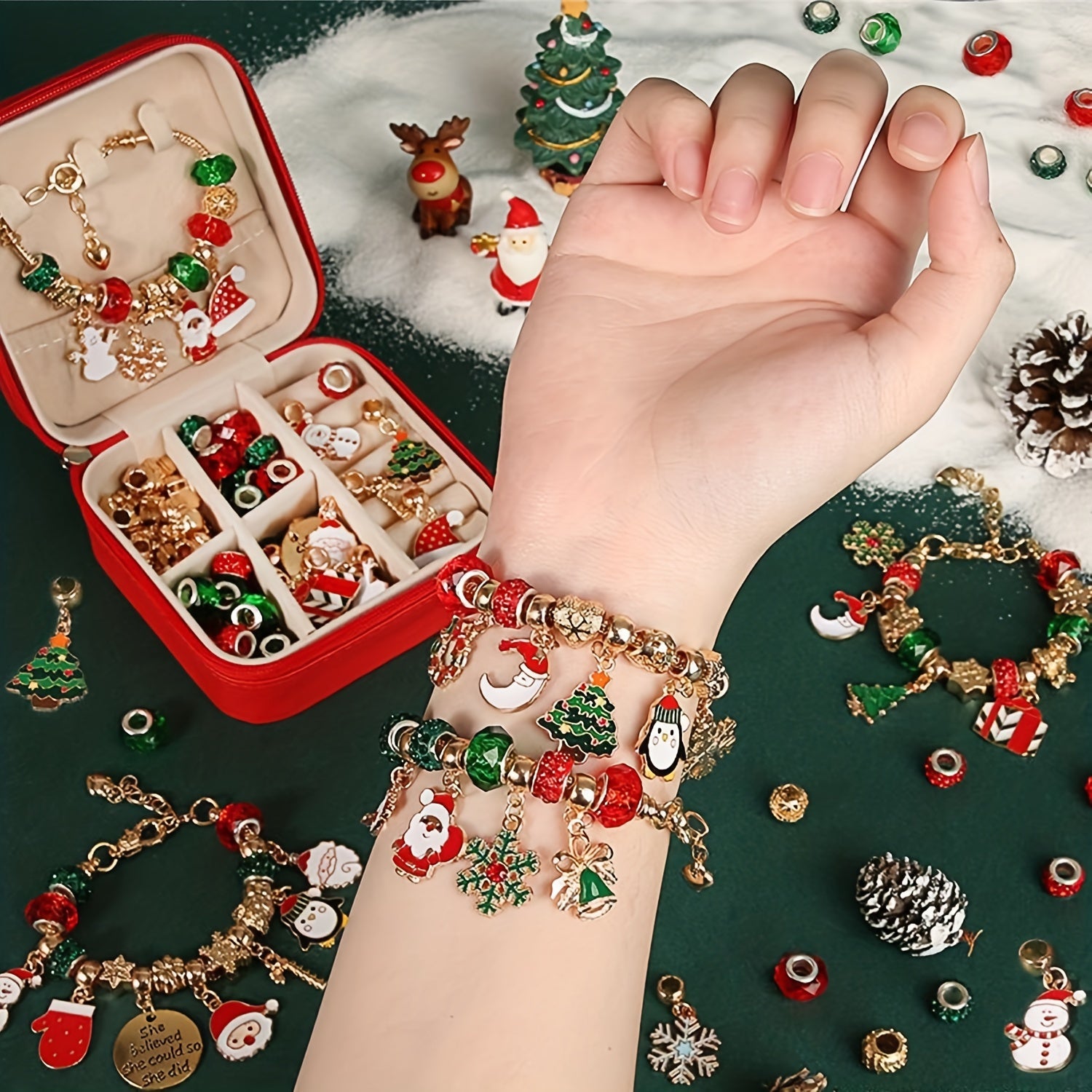 Christmas Charm Bracelet Making Kit, Elegant Red Green Series DIY Beads