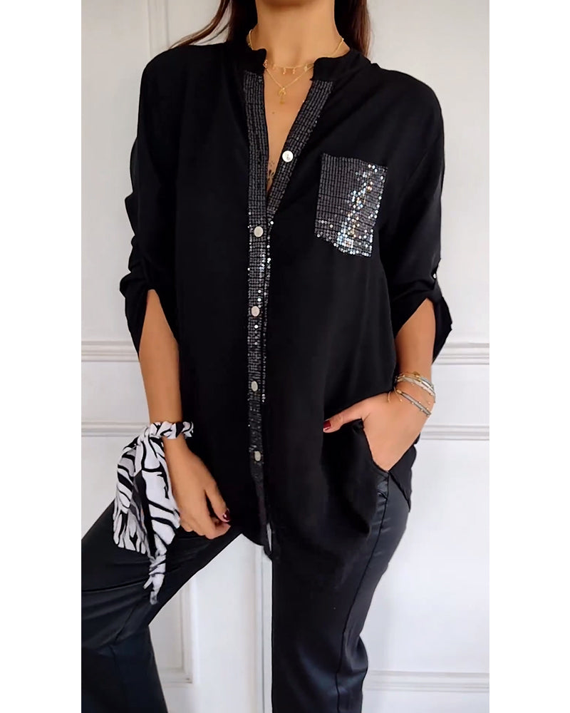 Lily Sequin Pocket Button-Up Blouse