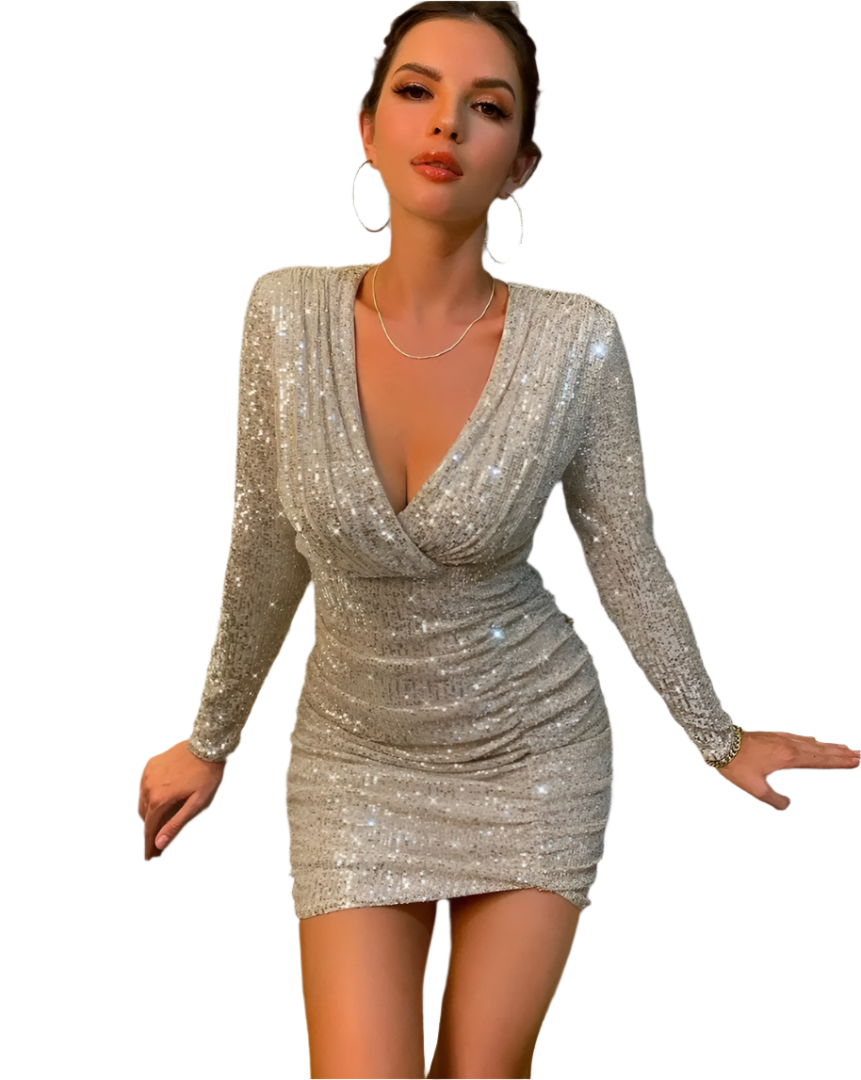 Amor - Glittering Sequin Mini Dress with V-Neck