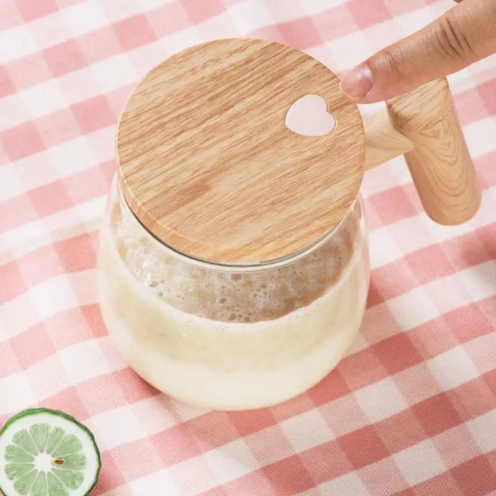 WhirlBrew - Self-Stirring Glass Mug with Wooden Handle