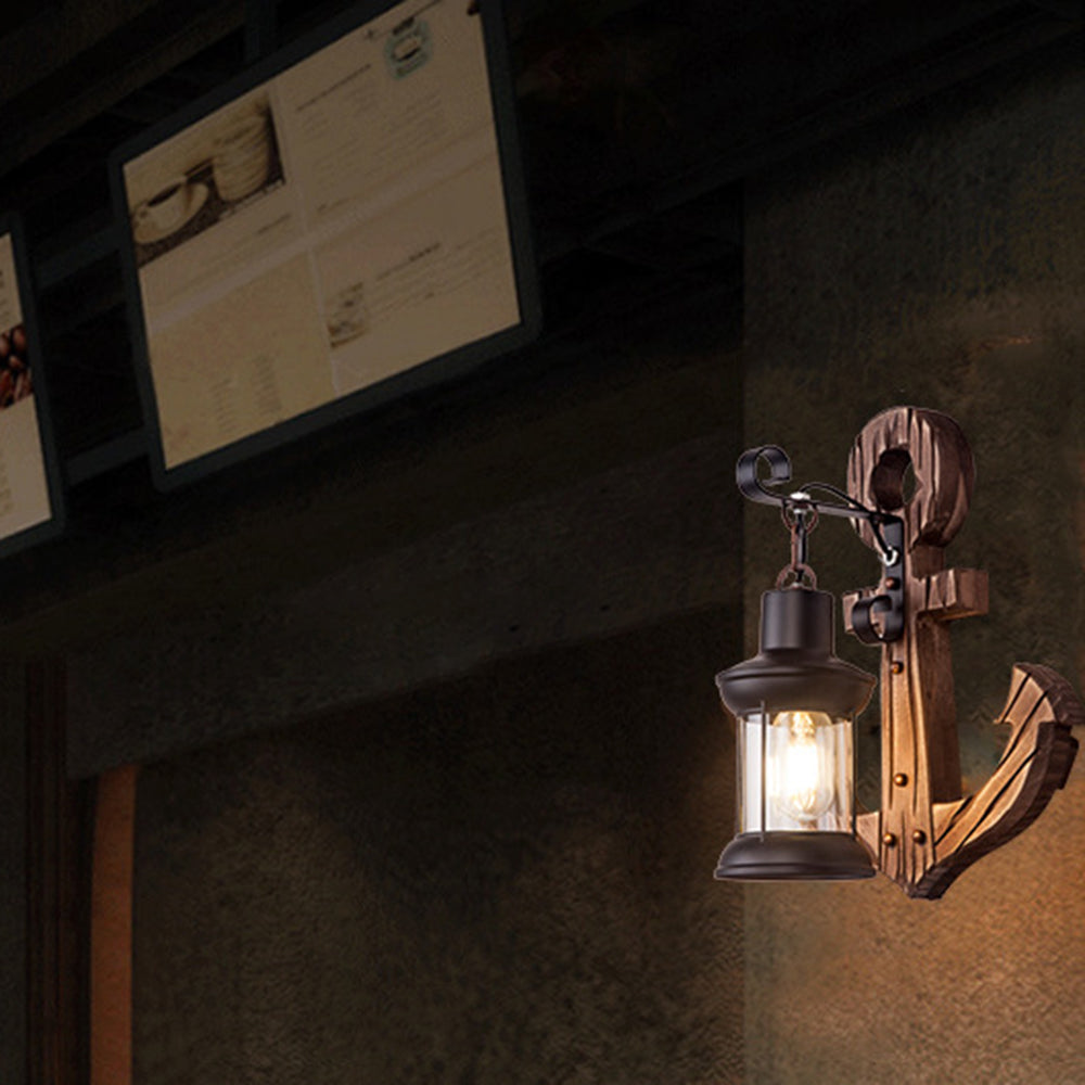 Rustic Wooden Anchor Wall Light with Lantern