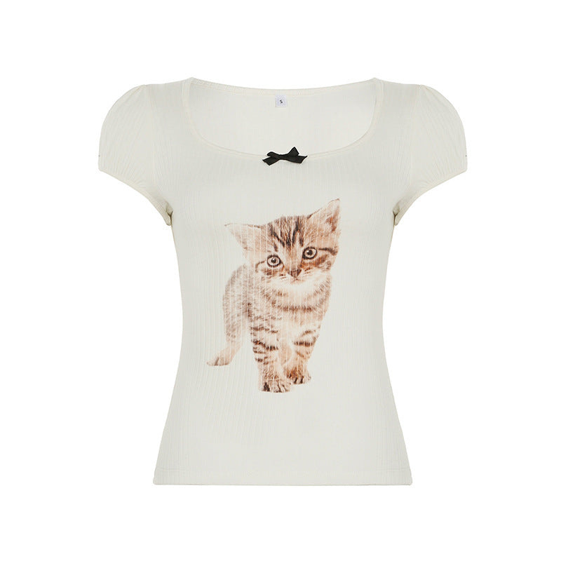 PuffMeow Puff-Sleeve Cat Print Top with Bow Detail