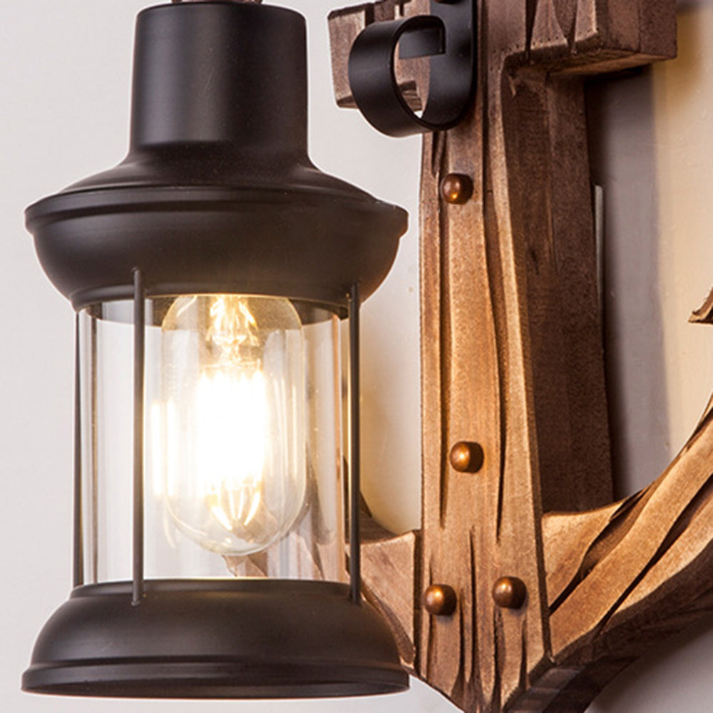 Rustic Wooden Anchor Wall Light with Lantern