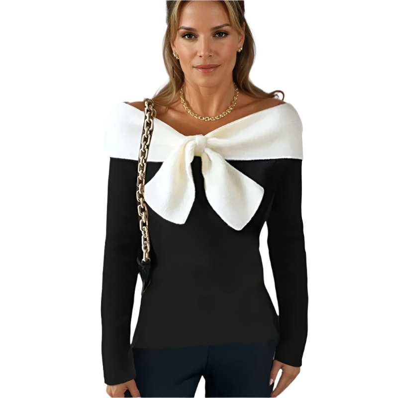 Vera – Elegant V-Neck Top with Long Sleeves and Bow Detail