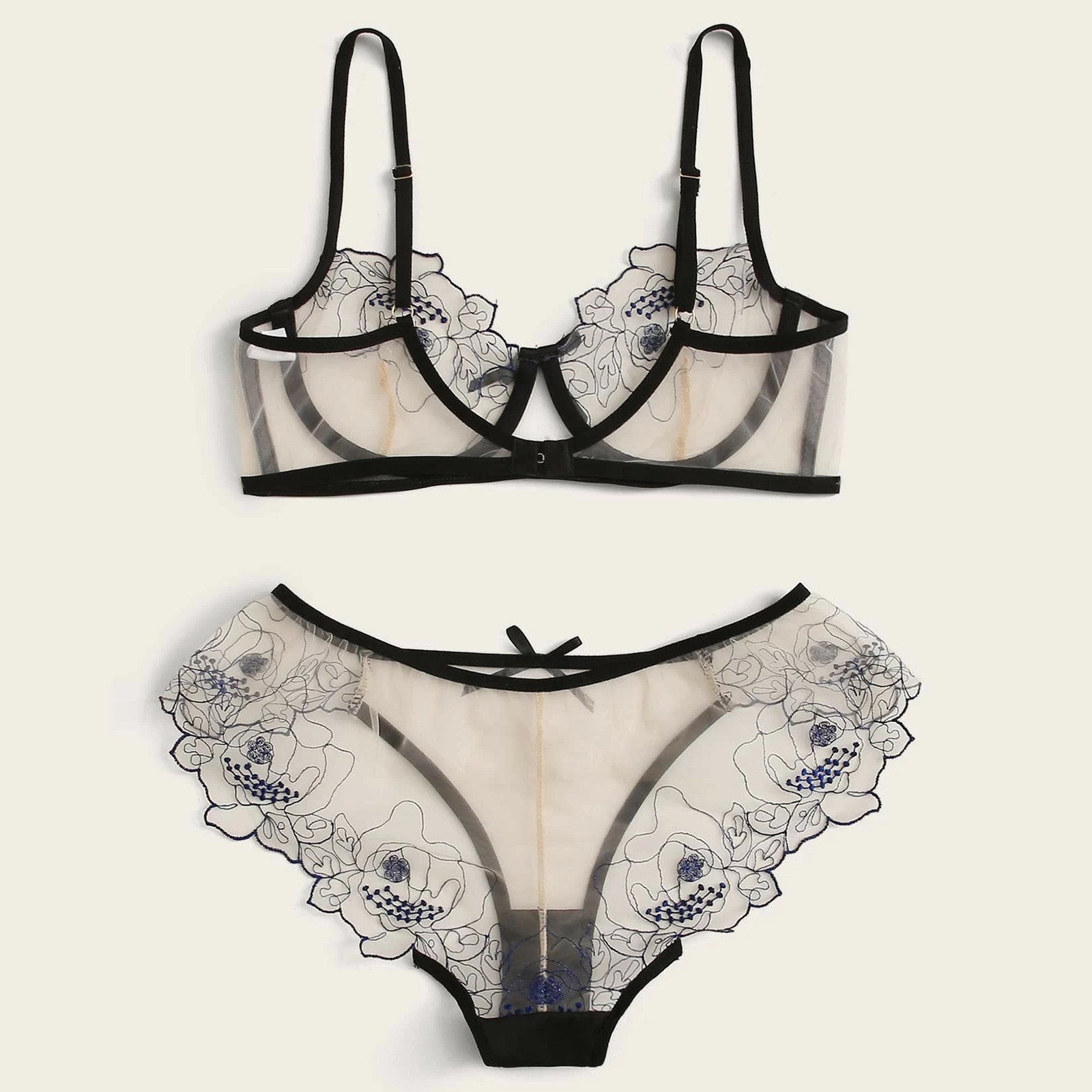 Hilda - Mesh Embroidery Sheer Lingerie Set