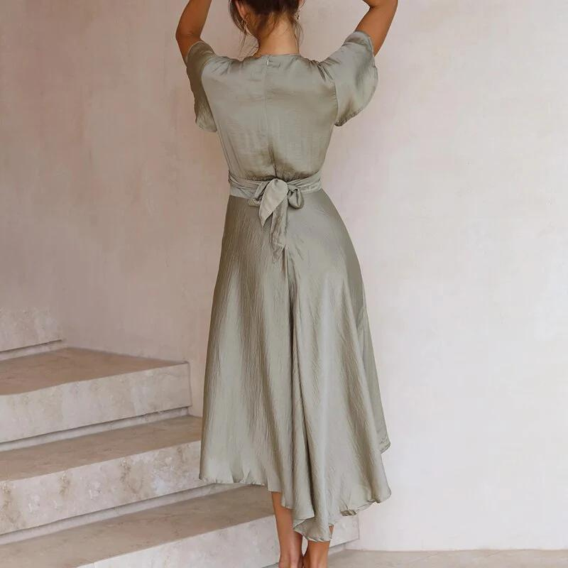 Deborah - High-Low Midi Dress with Knot Waist and Flared Sleeves