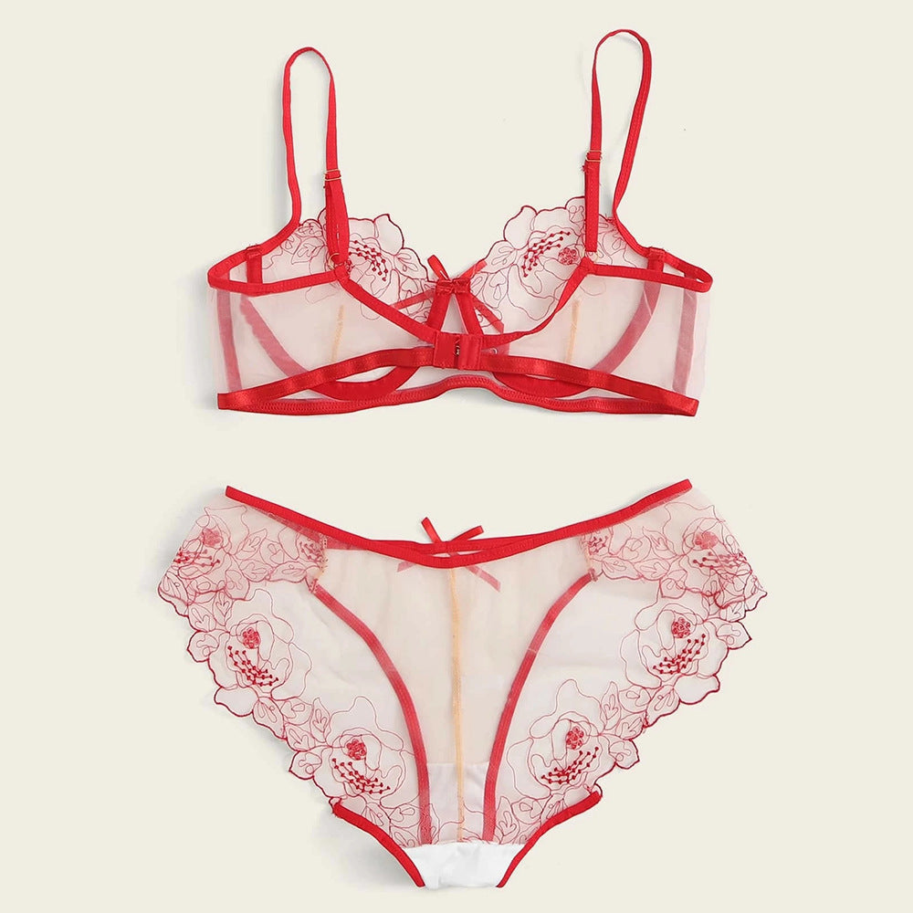 Hilda - Mesh Embroidery Sheer Lingerie Set