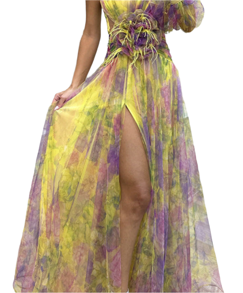 Zody - Floral Maxi Dress with One Shoulder Strap, Slit, and Waist Insert