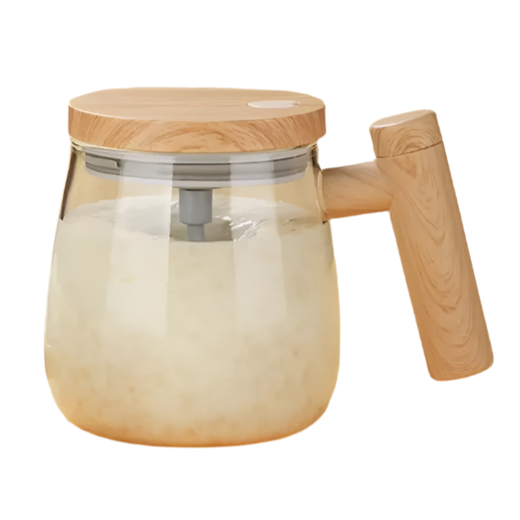 WhirlBrew - Self-Stirring Glass Mug with Wooden Handle