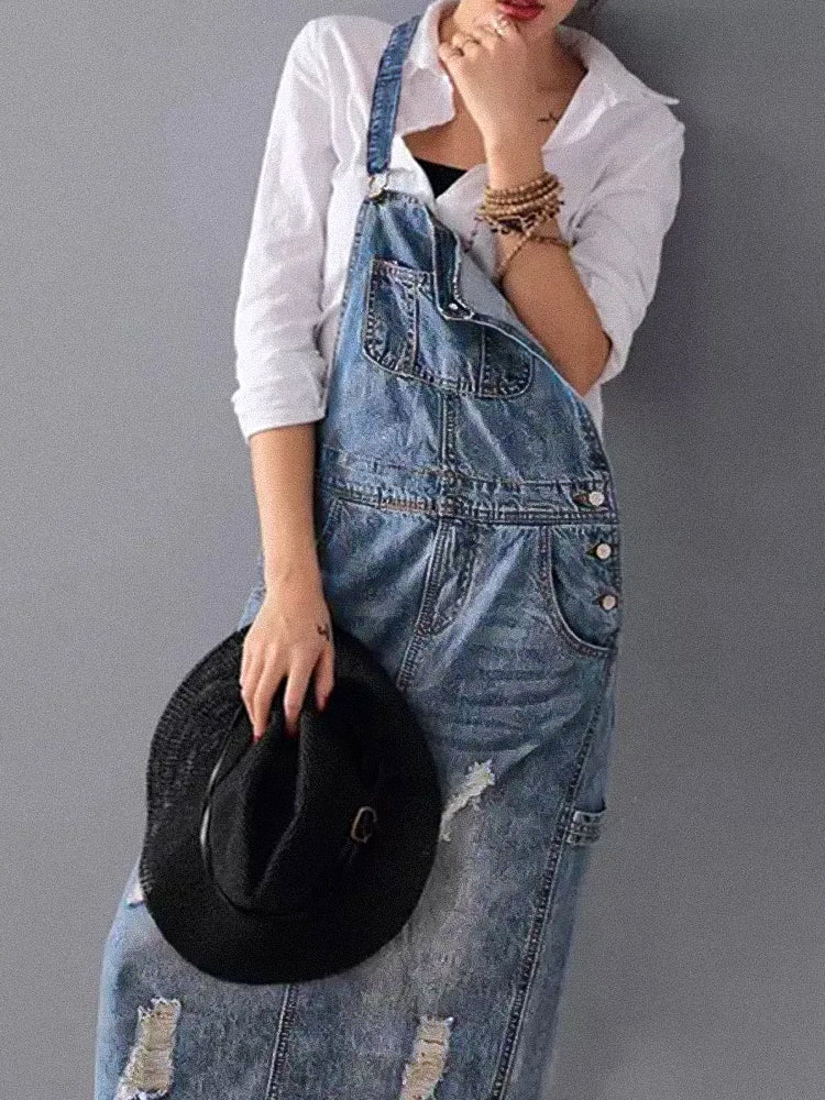 Sofia Denim | Overall dress with back slit and worn denim look