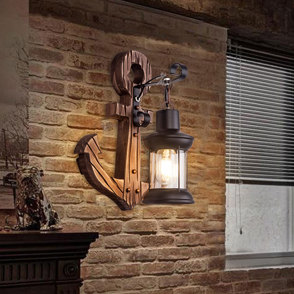 Rustic Wooden Anchor Wall Light with Lantern