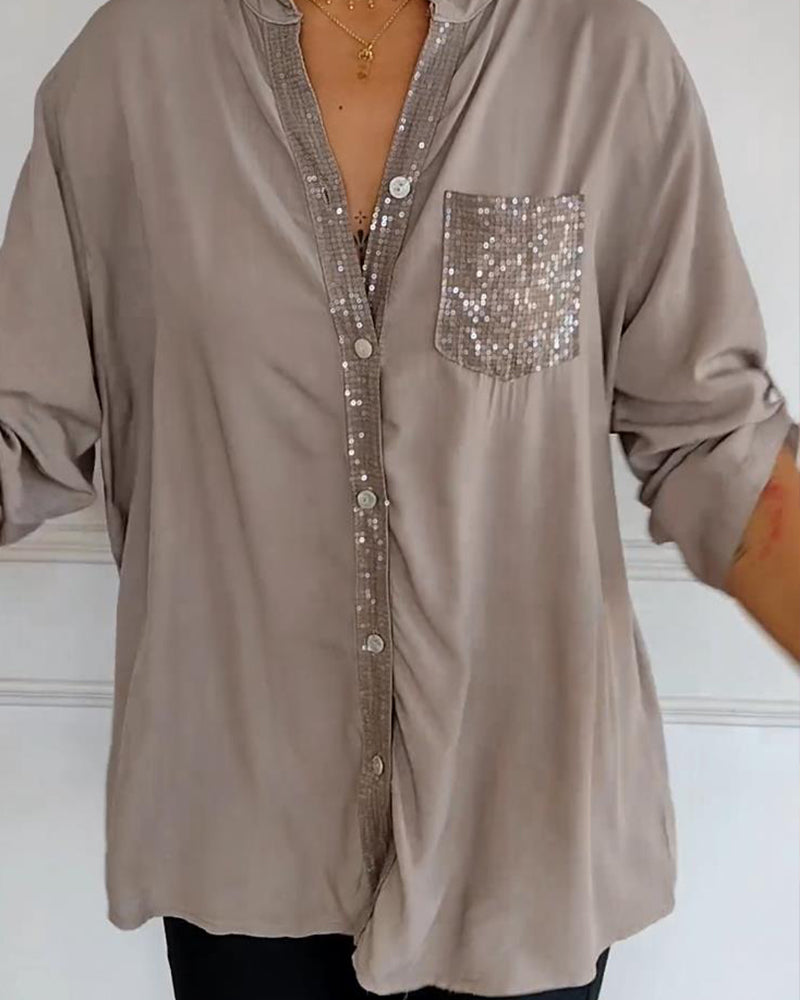 Lily Sequin Pocket Button-Up Blouse