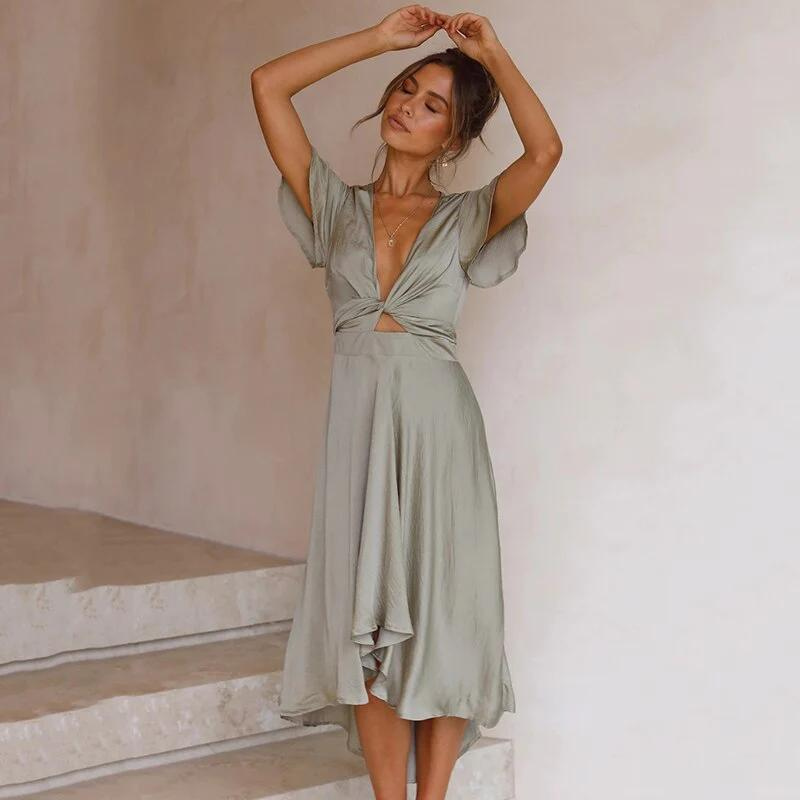 Deborah - High-Low Midi Dress with Knot Waist and Flared Sleeves