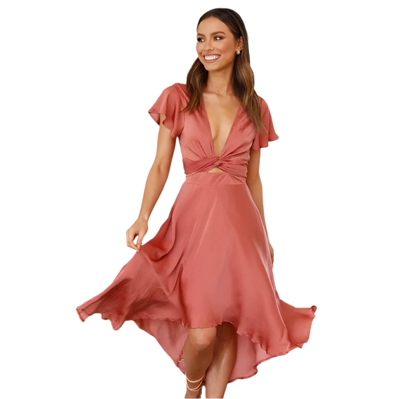 Deborah - High-Low Midi Dress with Knot Waist and Flared Sleeves