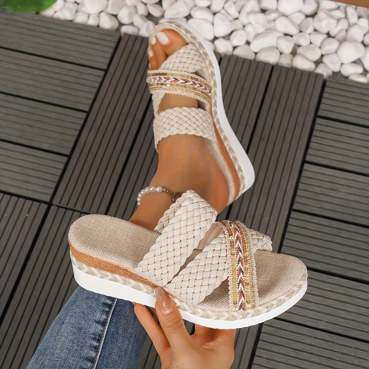 Braided elegant high wedge Sandals