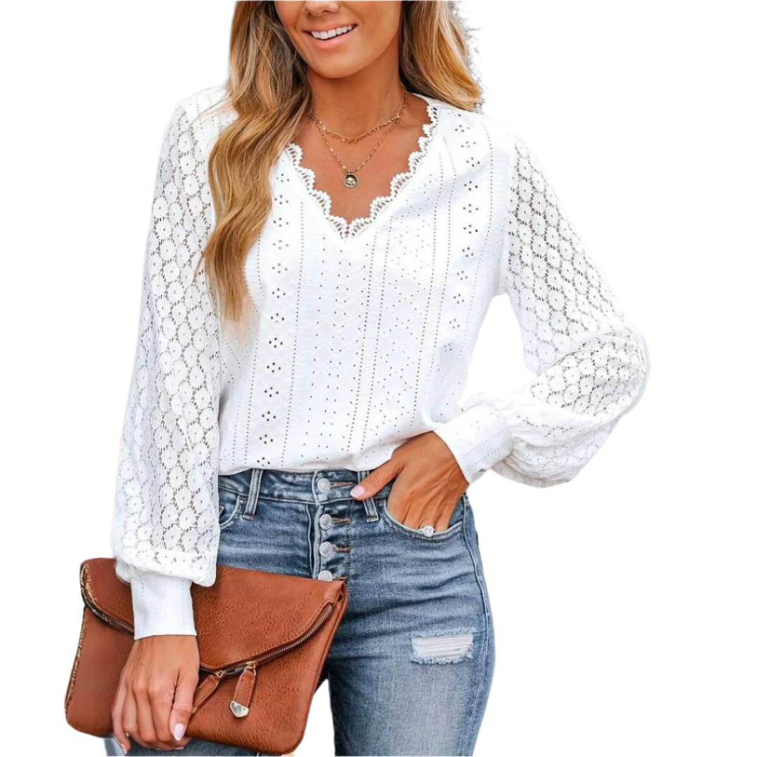 Lucie - Romantic top with V-neck, wave edge, and balloon sleeves