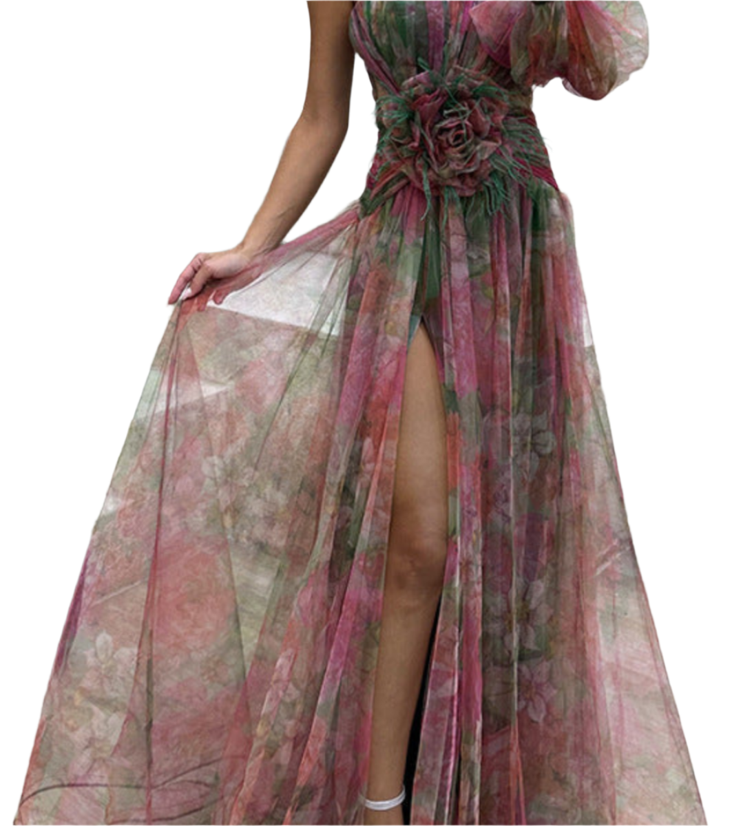 Zody - Floral Maxi Dress with One Shoulder Strap, Slit, and Waist Insert