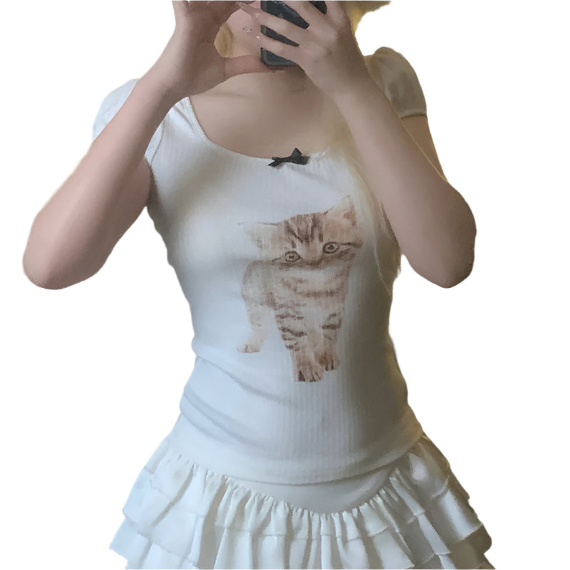PuffMeow Puff-Sleeve Cat Print Top with Bow Detail