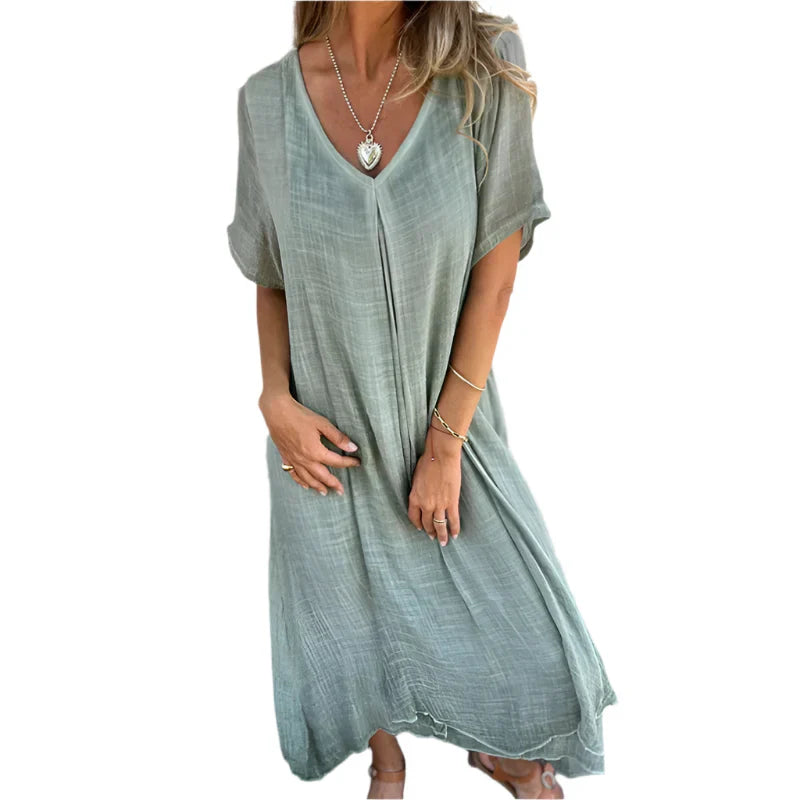 Lexie - Uncomplicated Charm Linen Maxi Dress with V-Neck