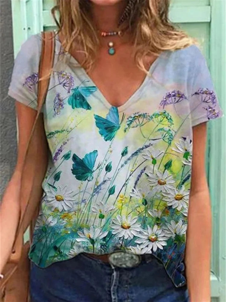 Floral Elegance V-Neck T-Shirt – Embrace the art of nature