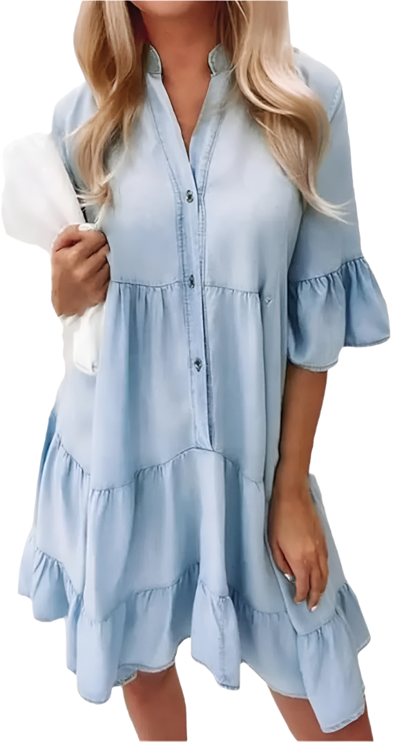 Medusa - Carefree Denim Dress with Layered Silhouette and Bell Sleeves