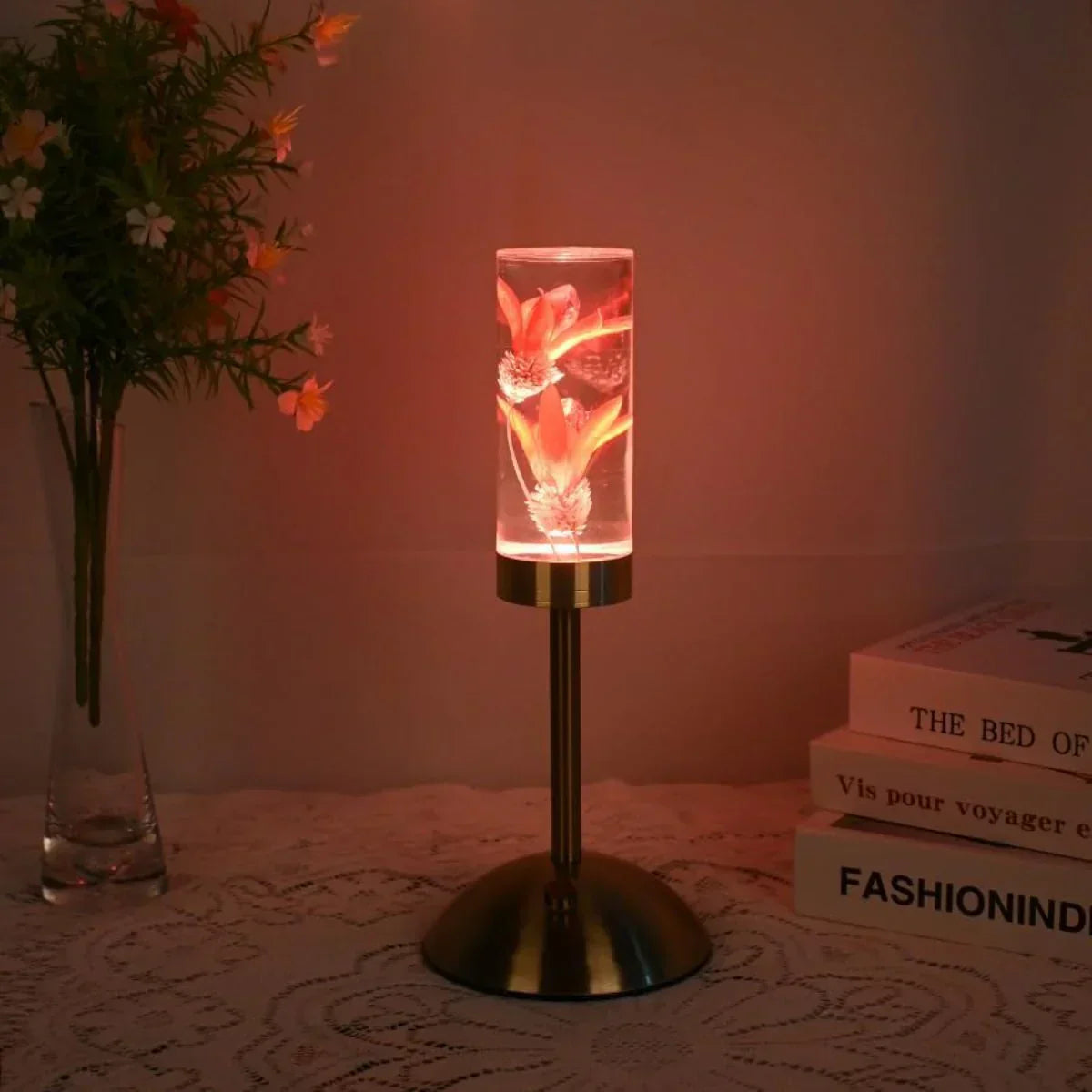 FloraGlow - LED Table Lamp with Flower-Filled Clear Cylinder Base