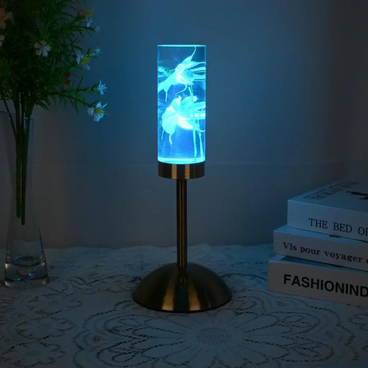 FloraGlow - LED Table Lamp with Flower-Filled Clear Cylinder Base