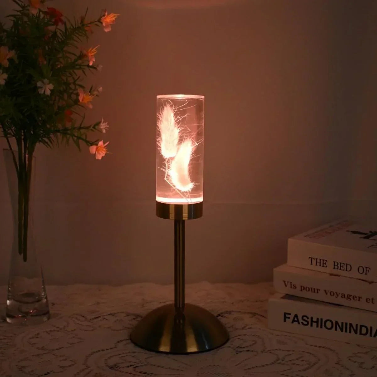 FloraGlow - LED Table Lamp with Flower-Filled Clear Cylinder Base