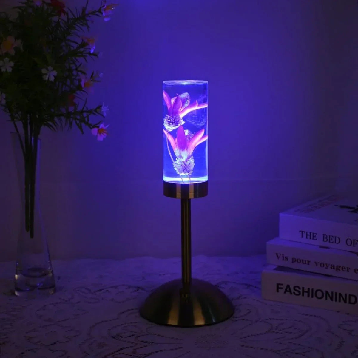 FloraGlow - LED Table Lamp with Flower-Filled Clear Cylinder Base
