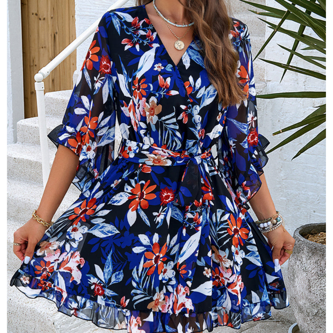 Loraine - Floral V-Neck Bell Sleeve Mini Dress for Women
