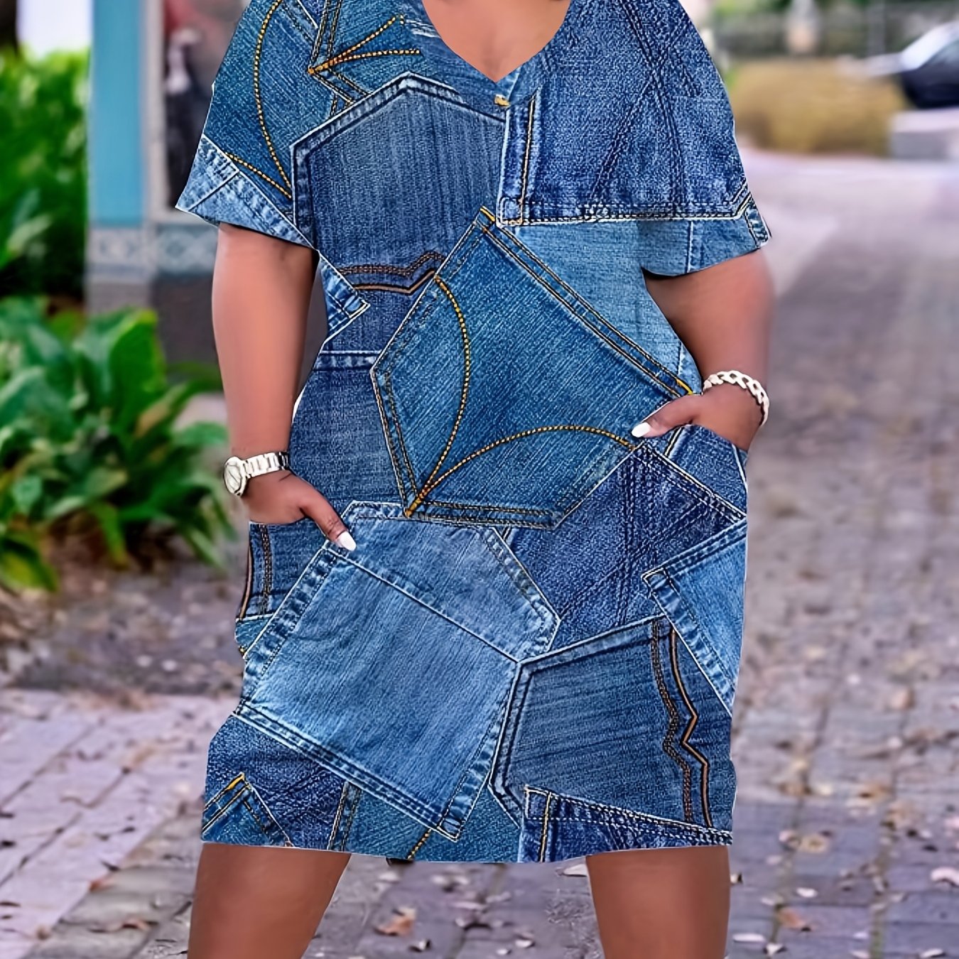 Denim Pocket Design V-Neck Dress