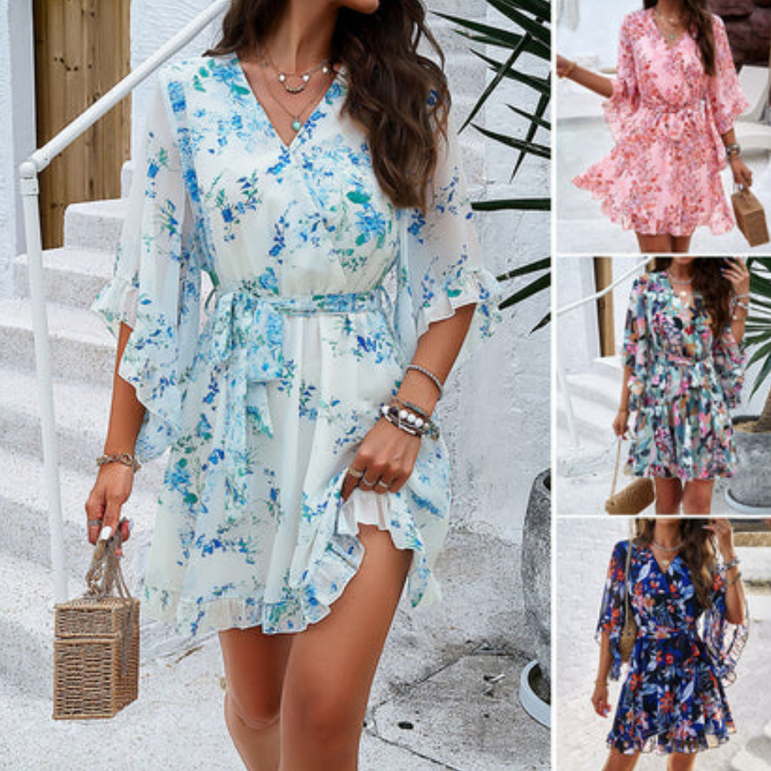 Loraine - Floral V-Neck Bell Sleeve Mini Dress for Women